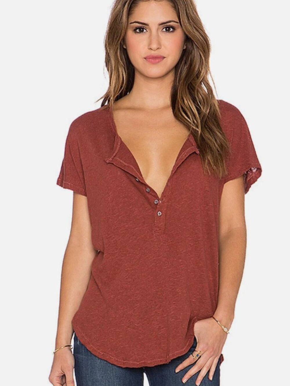 Free People We The Free Rust Henley Top S Oversized Raw Hem Linen Cotton Blend